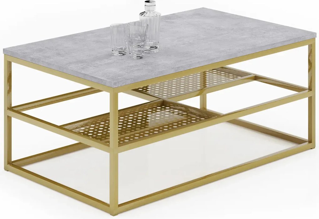 Metalowy stolik kawowy z półkami beton + złoty F8-W98