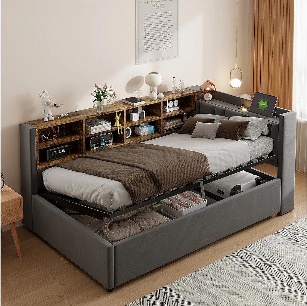 Sofa tapicerowana rozkładana - 90 x 200 cm - z hydraulicznym schowkiem + lampka nocna + półki - welur - ciemnoszary