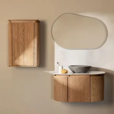 Zestaw Mebli Łazienkowych Z Drewna Carsone Naturalna & Naturalna & Okrągły Szary Cement Ø40 Cm Tarsis & Owalna Lampa Led - Sklum