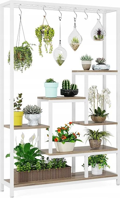 Stojak na rośliny doniczkowe, 5 poziomów, metalowa półka na rośliny, 180 cm, z 10 haczykami, wielofunkcyjny stojak na rośliny