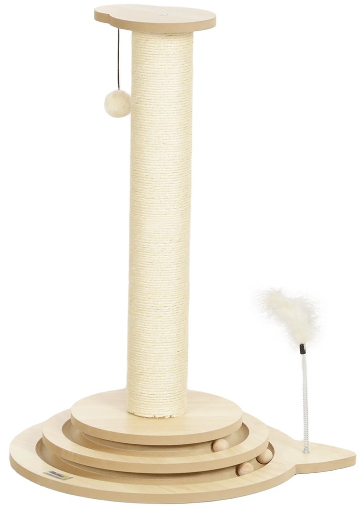 PawHut Drapak dla Kotów, 69 cm, Słup z Sizalu, Tor z Kulkami, Zabawka, Design 4-w-1, Kremowy