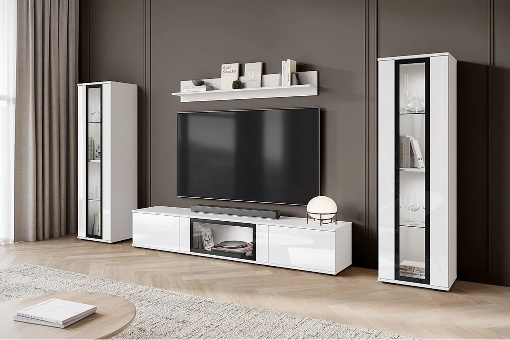 Nowoczesna meblościanka do salonu – 2 witryny i szafka RTV 180, korpus biały mat fronty biały połysk
