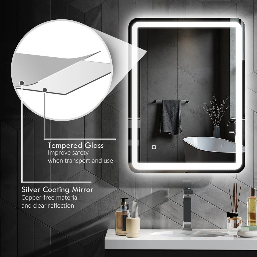 HOMCOM Lustro do Łazienki z Oświetleniem LED, Sterowanie Dotykowe, Anti-Beschlag, Regulowane, 3 Kolory Światła, 60 x 80, Srebrne