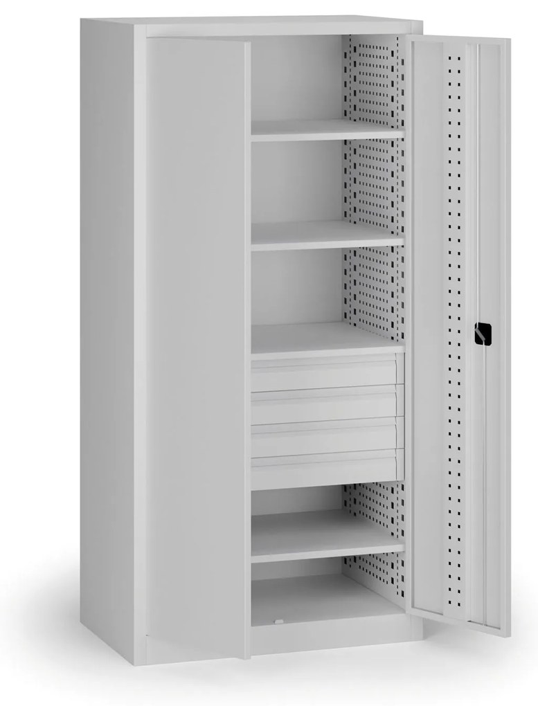 Szafa warsztatowa na narzędzia KOVOS, 4 półki, 4 szuflady, perforowana, 950 x 600 x 1950 mm, szary