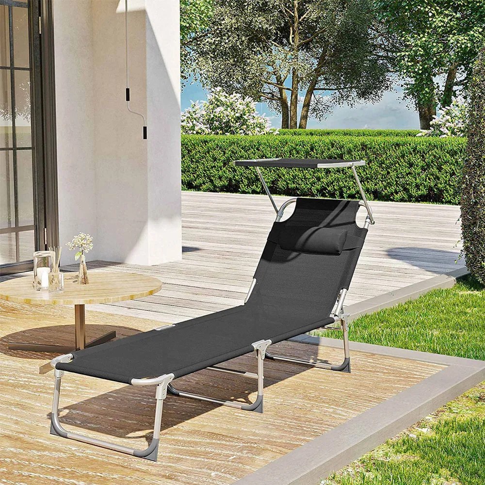 Leżak ogrodowy LAGUNA z regulowanym daszkiem, 193x53x29cm, czarny SongmicsHome