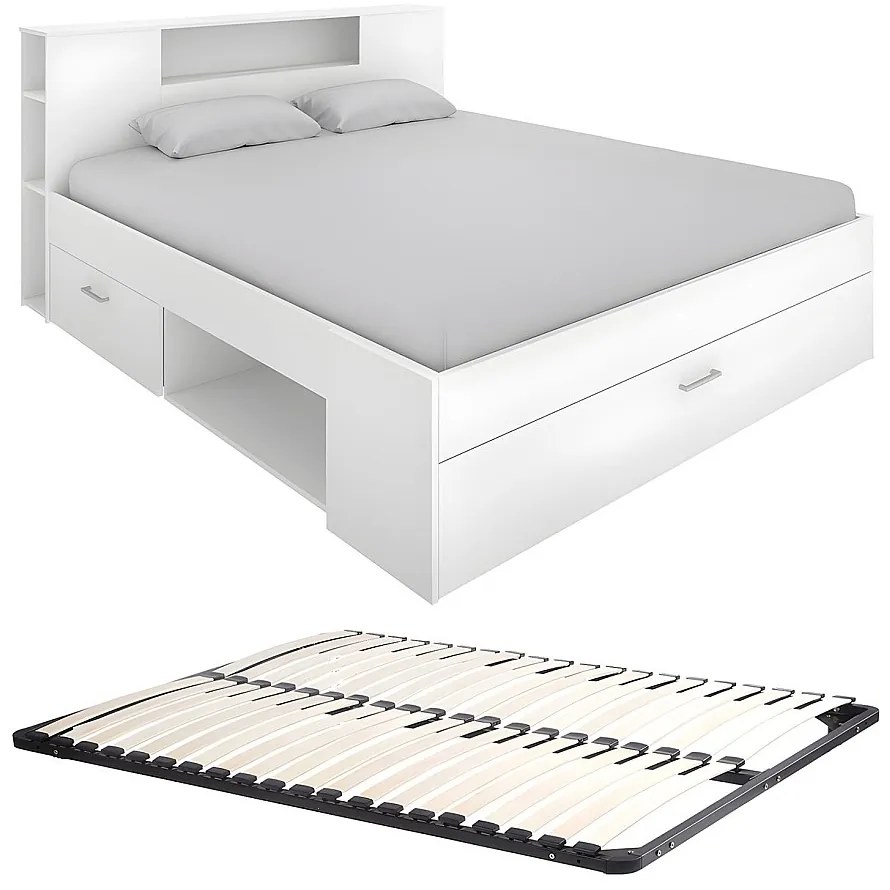 Łóżko ze skrzynią i szufladami - 160 x 200 cm - Kolor: biały + Stelaż - LEANDRE