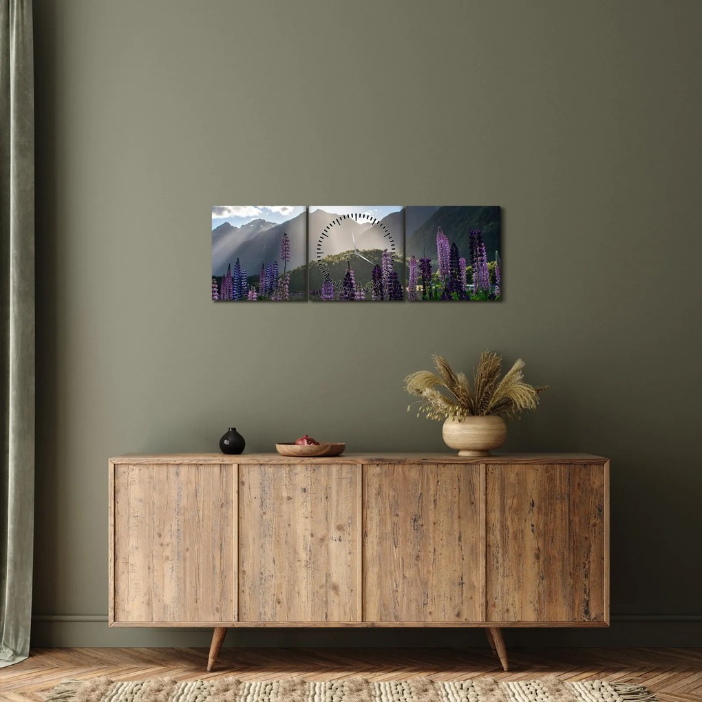 Obraz - Sceneria łubinów (z zegarem) (90x30 cm)