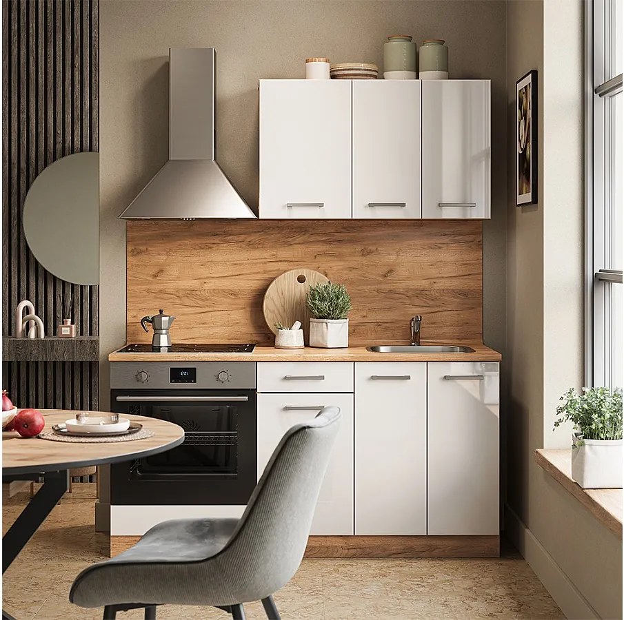 Pojedyncza kuchnia biały wysoki połysk/złoty dąb power 160x46x81.6 r-line