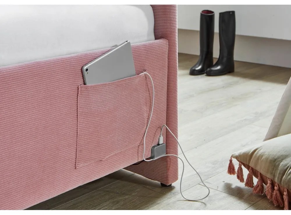 Różowe tapicerowane narożne łóżko dziecięce ze schowkiem ze stelażem 140x200 cm Cool – Meise Möbel