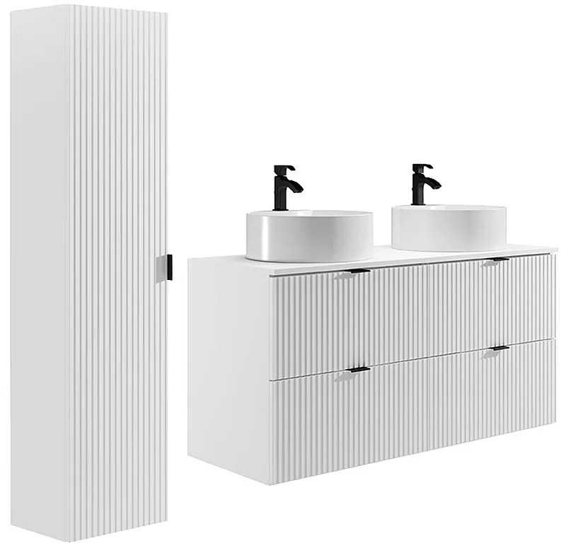 Podwieszana szafka łazienkowa prążkowana z okrągłą umywalką nablatową i kolumną - Biały mat - 120 cm - ZEVINI