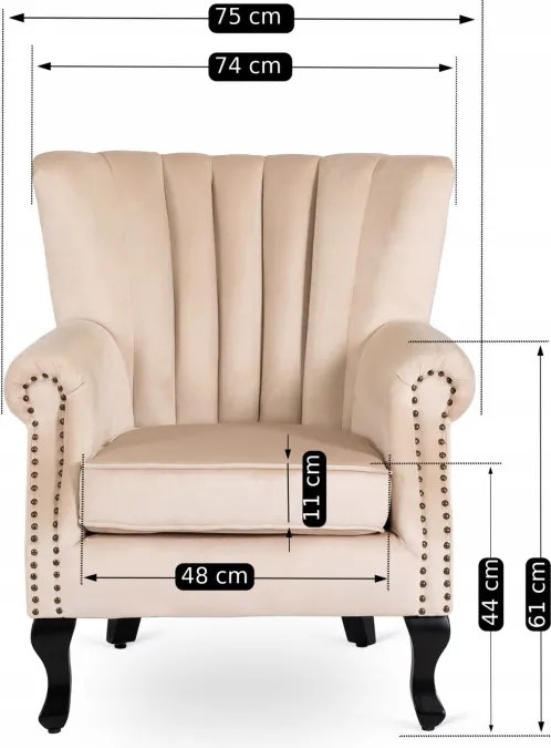 Fotel Uszak Wypoczynkowy MALLO Beżowy Welurowy Nowoczesny Glamour