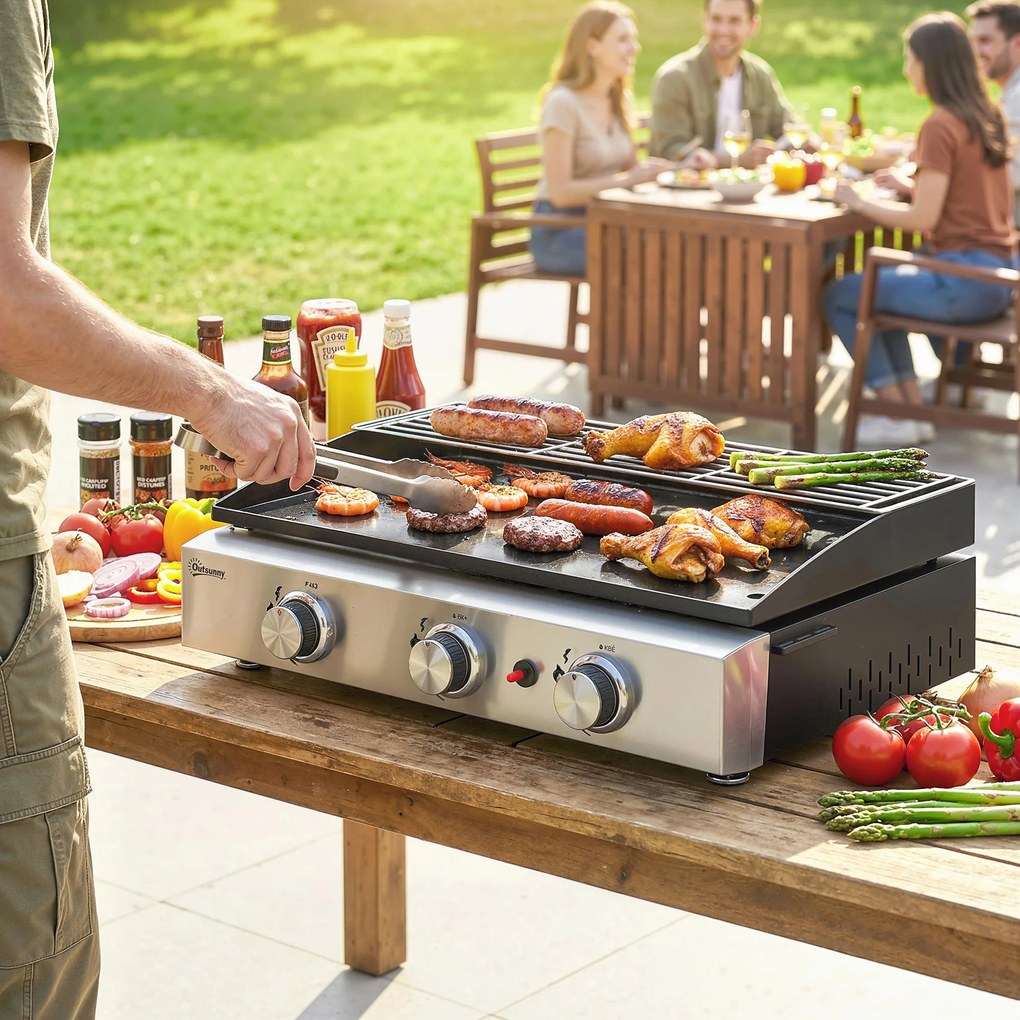 Outsunny Grill Gazowy 7,5 kW Przenośny Stołowy z 3 Palnikami Powłoka Ceramiczna Ruszt do Podgrzewania | Aosom PL