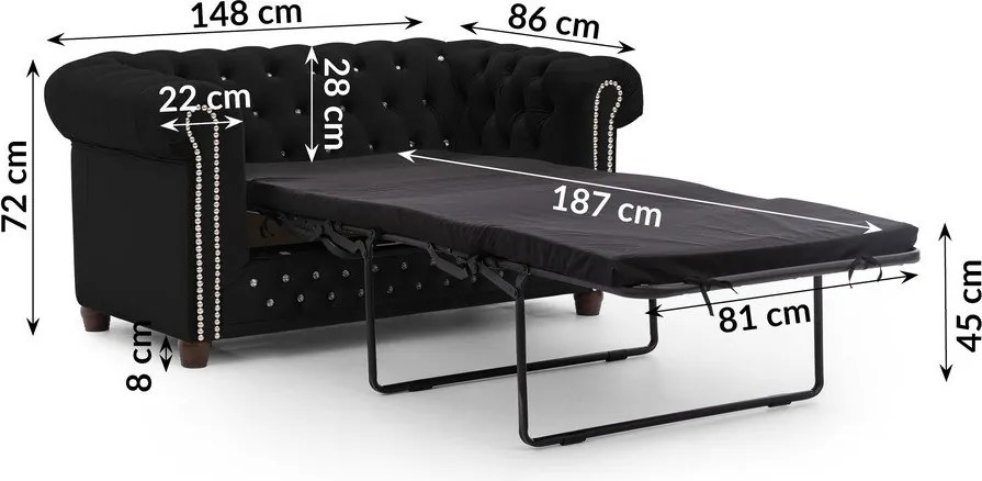 Czarna aksamitna rozkładana sofa 148 cm York Blik – Ropez