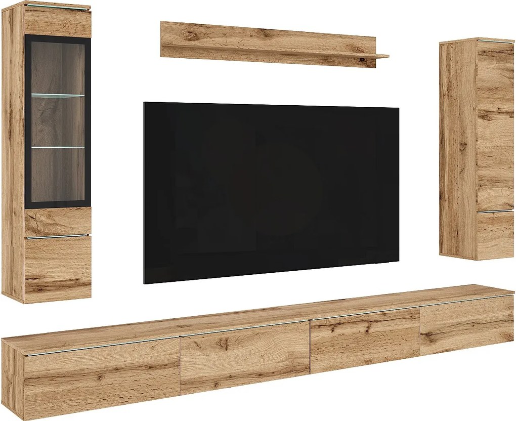 Nowoczesna meblościanka do salonu 300 cm z oświetleniem LED Dąb Wotan