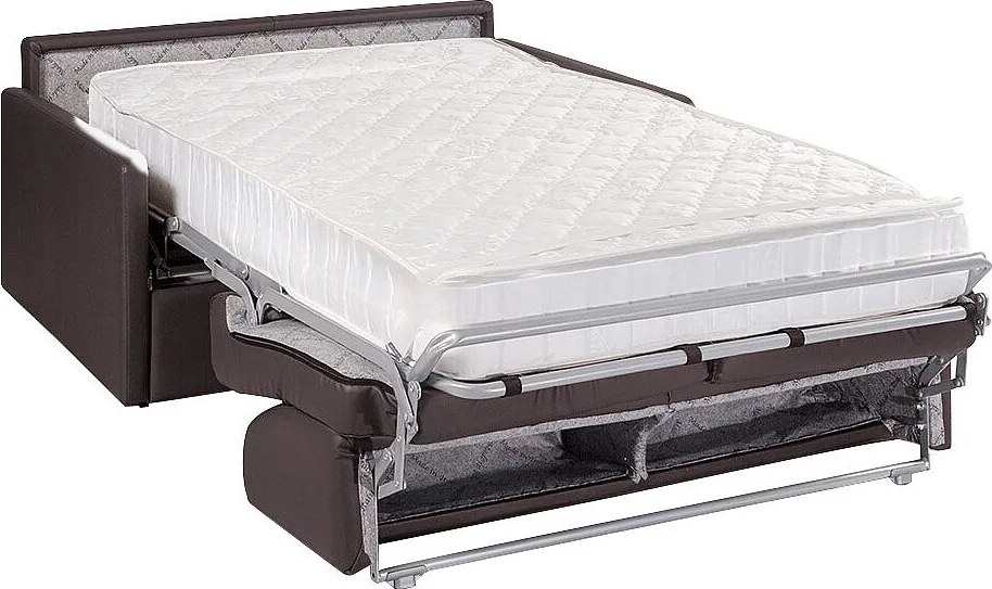 Kanapa 2-osobowa rozkładana typu express z brązowej ekoskóry z siedziskiem z pianki z pamięcią kształtu - Powierzchnia spania 120 cm - Materac 22 cm z siedziskiem z pianki z pamięcią kształtu CALIFE
