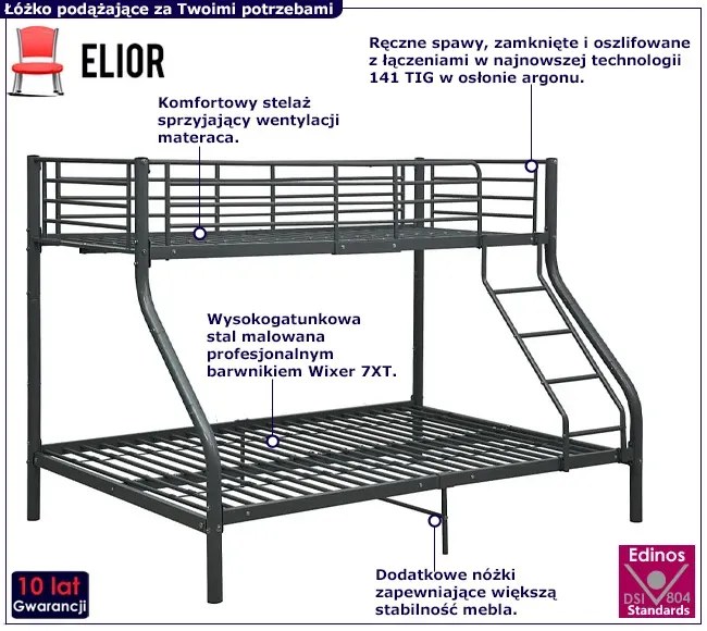 Czarne łóżko piętrowe z metalu 140x200 cm/90x200 cm F5-R81