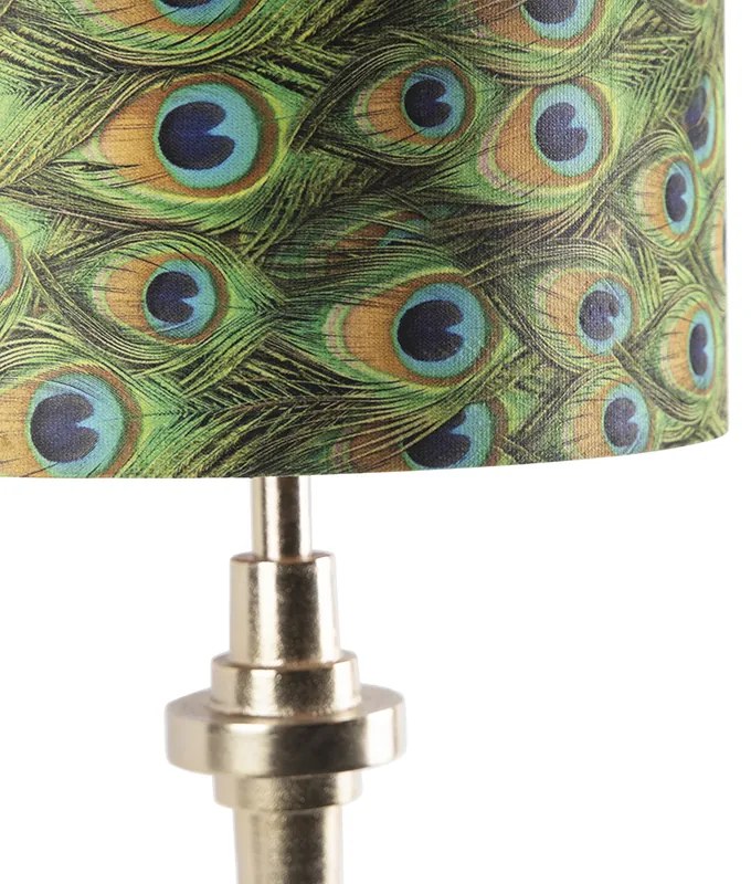 Lampa stołowa w stylu art deco ze złotym abażurem z aksamitu z wzorem pawia 40 cm - Diverso ArtDeco Oswietlenie wewnetrzne