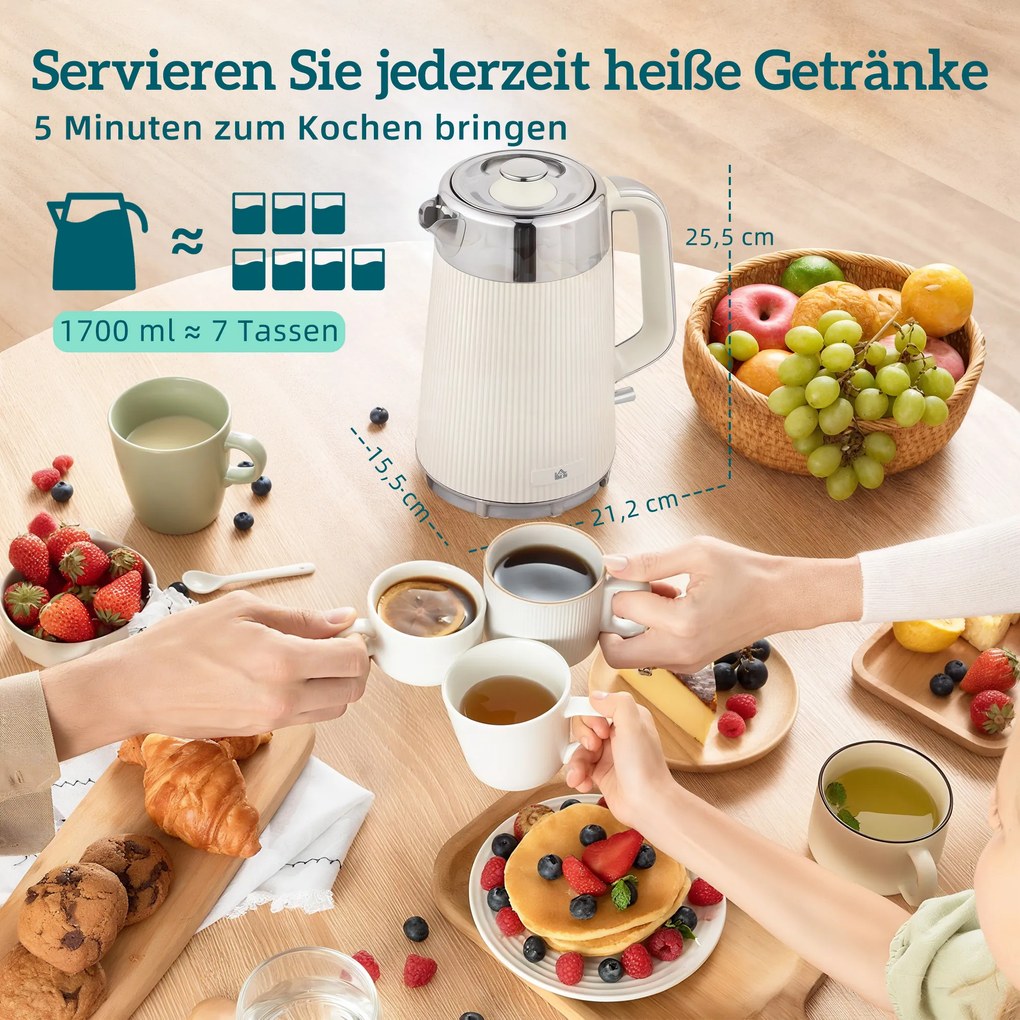 HOMCOM 2200 W, 1,7 l czajnik z funkcją szybkiego gotowania, filtrem przeciwkamiennym i 4-kromkowym tosterem z 7 stopniami zarumienienia, kremowo-biały | Aosom PL