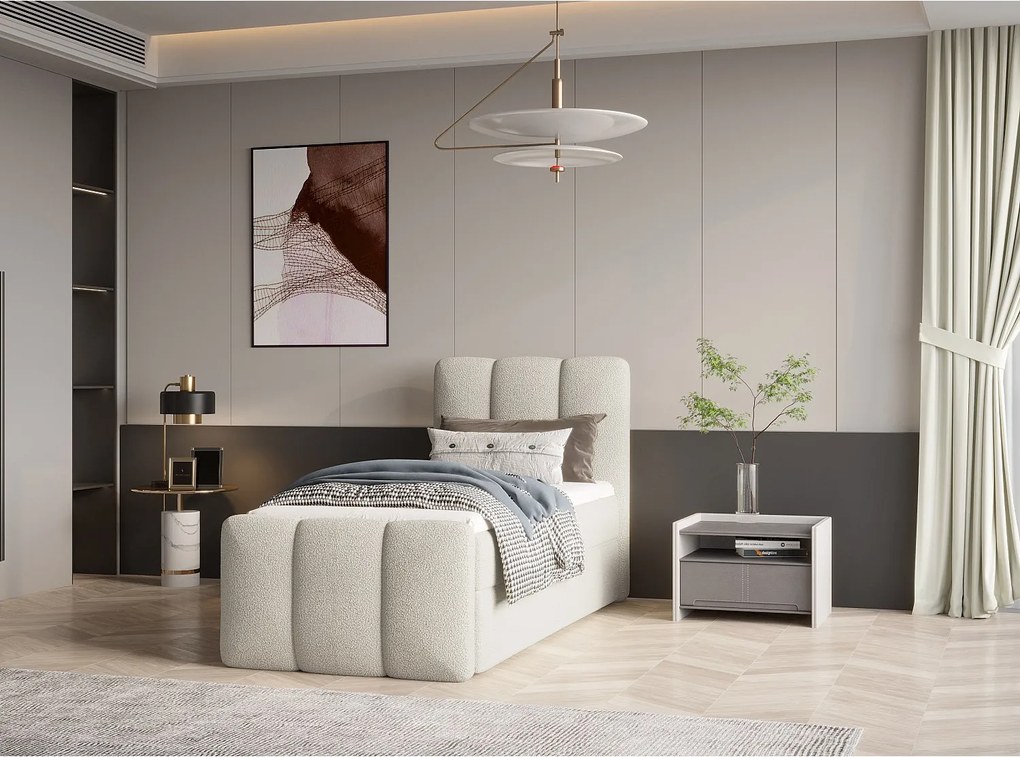 Stylowe łóżko tapicerowane KORA 90x200 cm w tkaninie CENTAUR 1 złamanej bieli