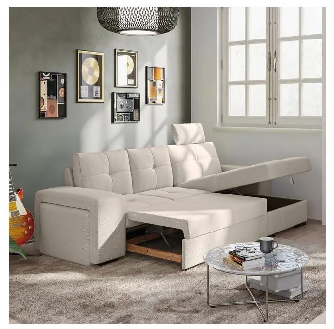 Rozkładana kanapa z pojemnikiem i pufą PALERMO, jasnoszara, prawostronna