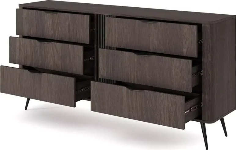 Komoda Valeri II – elegancka komoda z 6 szufladami, ryflowaną dekoracją i czarnymi metalowymi uchwytami