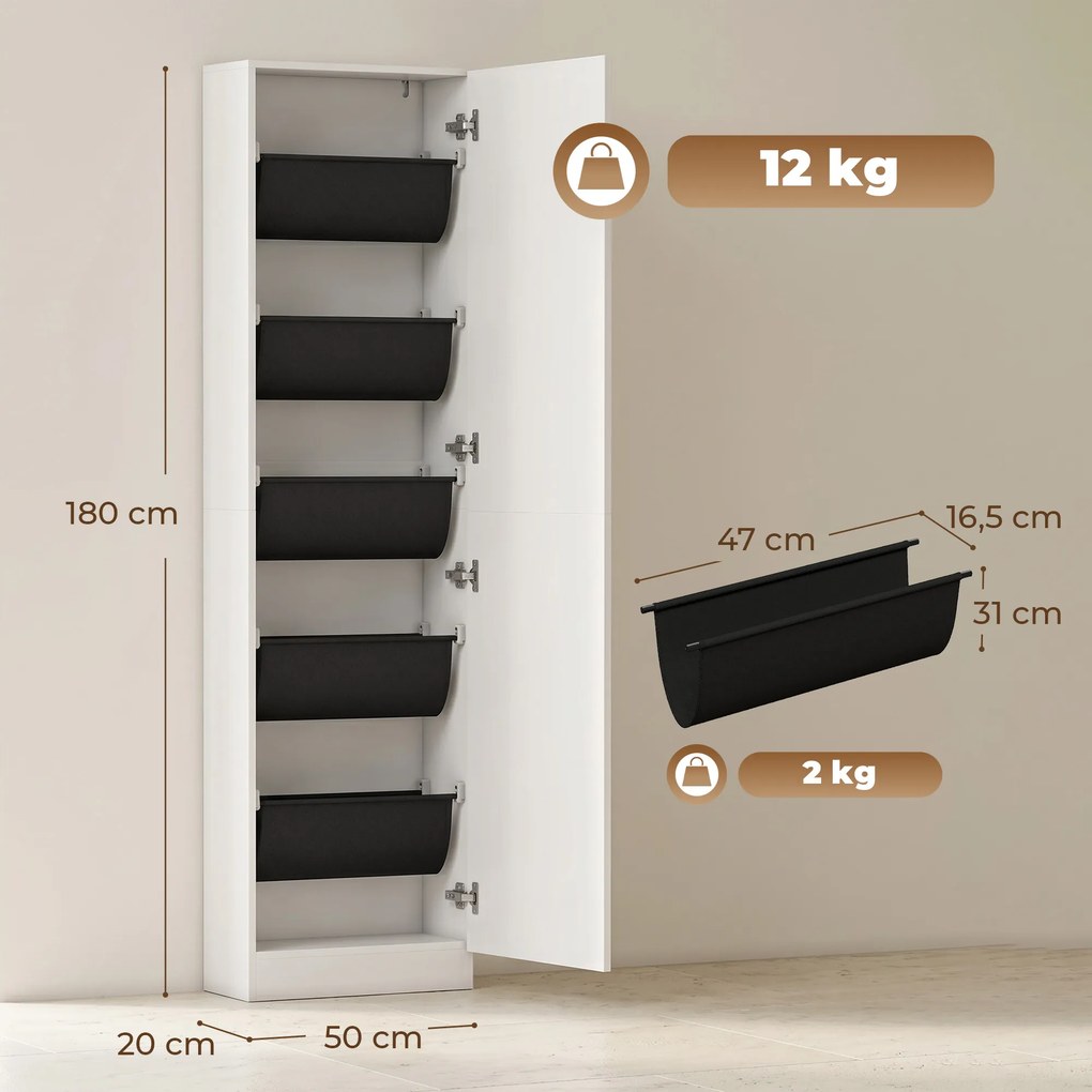 HOMCOM Szafka na buty z lustrem, 5-stopniowa wąska komoda z drzwiami z cichym domykaniem, na 12 par, 50 x 20 x 180 cm, Biały | Aosom PL