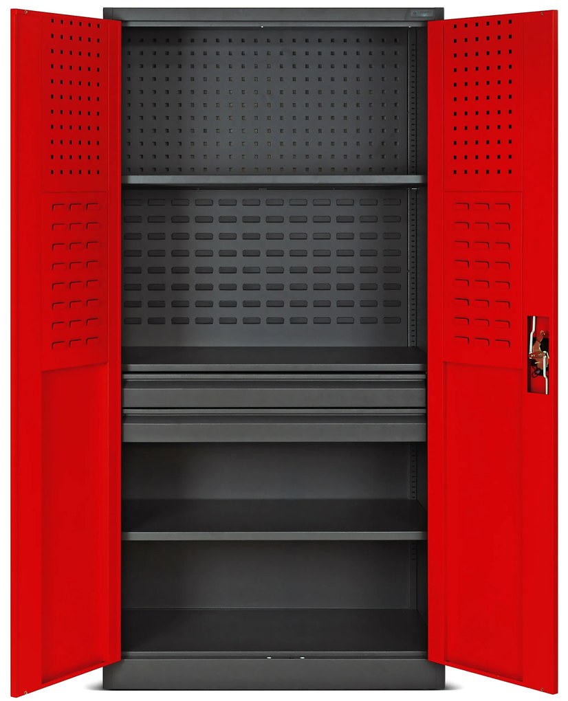 Warsztatowo-narzędziowa szafa metalowa SZYMON, 920 x 1850 x 500 mm, antracytowo-czerwona