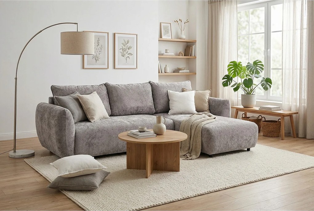 Stylowy narożnik rozkładany prawostronny ZEPHIRA 258x170 cm w tkaninie FLOW 1 szarej