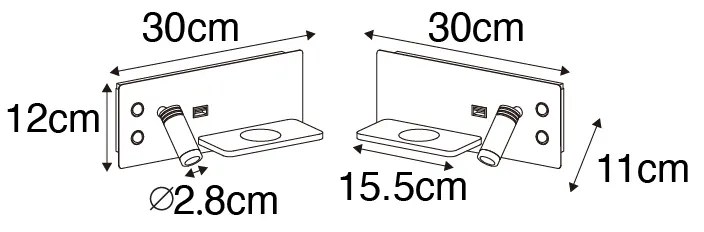 Zestaw 2 lamp ściennych czarnych w tym LED z USB i ładowarką indukcyjną - Riza Nowoczesny Oswietlenie wewnetrzne