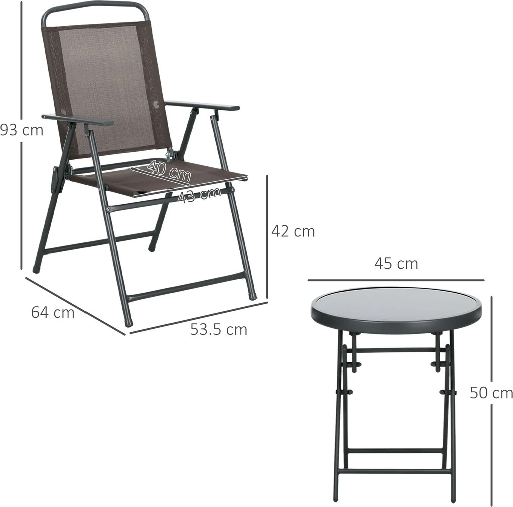 Outsunny Zestaw bistro 3-częściowy z metalu odpornego na warunki atmosferyczne z krzesłami ogrodowymi i składanym stolikiem ze szkłem brązowy