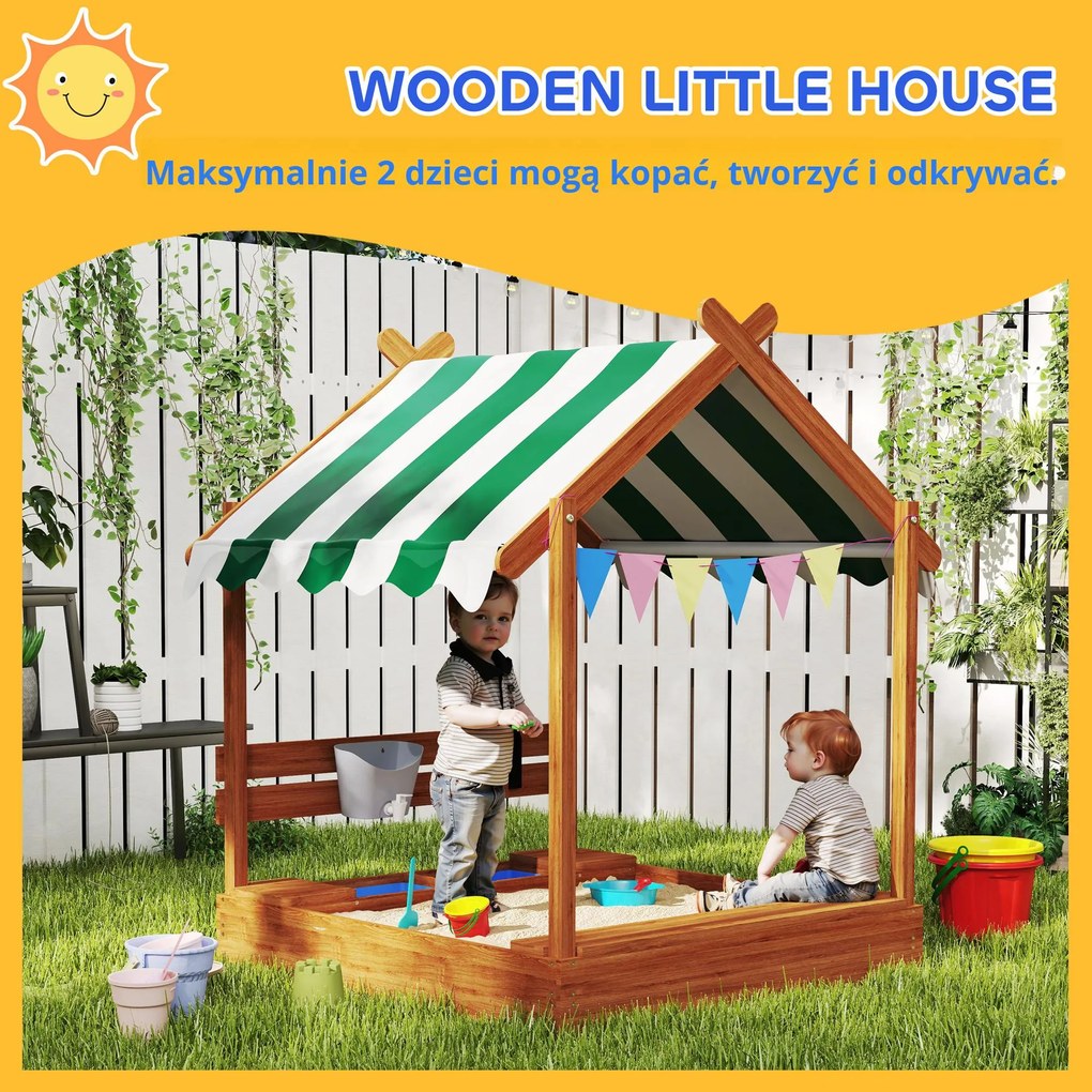 Outsunny Piaskownica z Ochroną Przeciwsłoneczną, Design Domku Zabaw, z Zestawem Zabawkowym, Obrabiane Drewno, 124 x 116 x 146 cm, Pomarańczowa