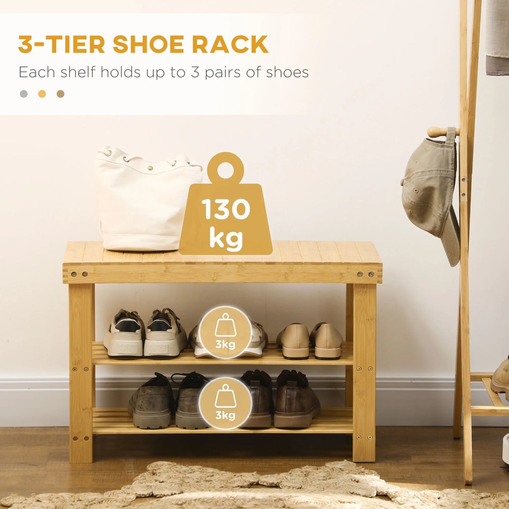 HOMCOM Ława na Buty, 3 Poziomy, Pomieści 6-9 Par Butów, do 130 kg, Bambus, 70 x 28 x 45cm