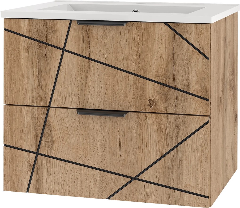 Szafka do łazienki z wpuszczaną umywalką Wood 02, dąb wotan, 60 cm - zestaw 3