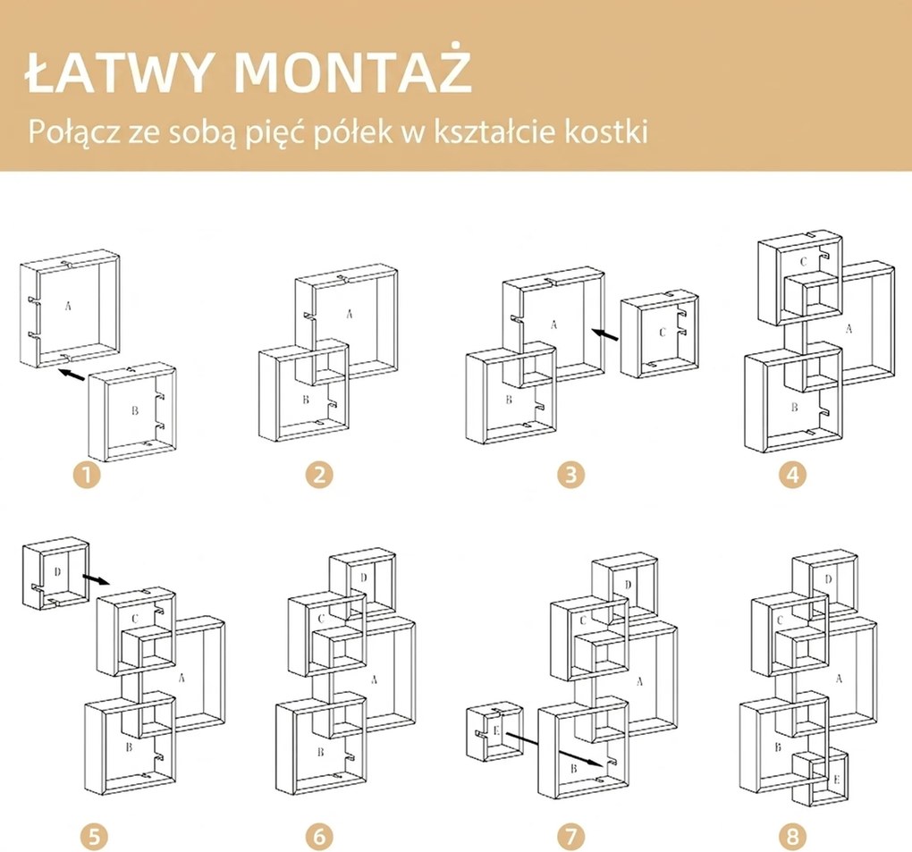 HOMCOM Regał Ścienny, Półka Wisząca, 5 Półek, Drewno Lite, Biały