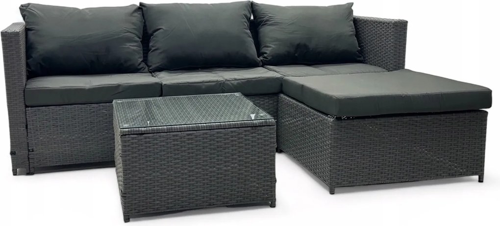 Dwustronny narożnik ogrodowy ze stolikiem Maroco 066 szary, poduszki szare