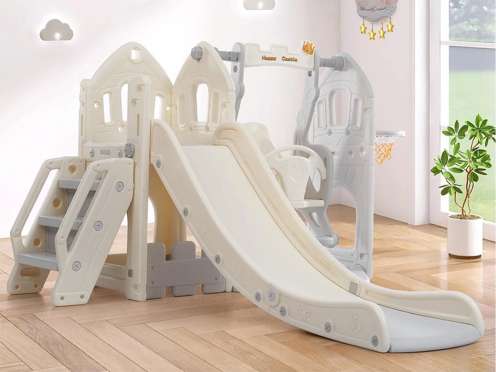 Zjeżdżalnia 5 w 1 - z drabinką, huśtawką, miejscem do przechowywania, koszem do koszykówki - jasnoszara