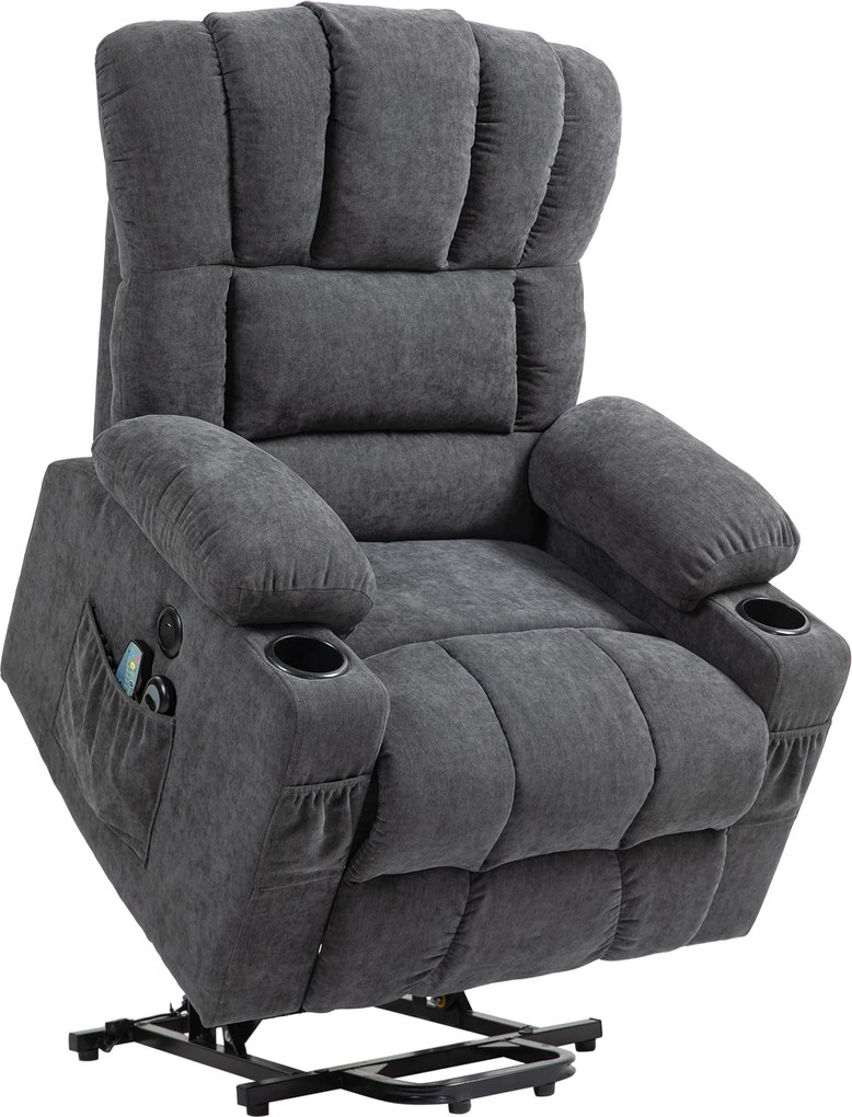 HOMCOM Elektryczny Fotel Powstańczy z Masowaniem i Podgrzewaniem, Złączami USB, Uchwytami na Kubki, Ciemnoszary