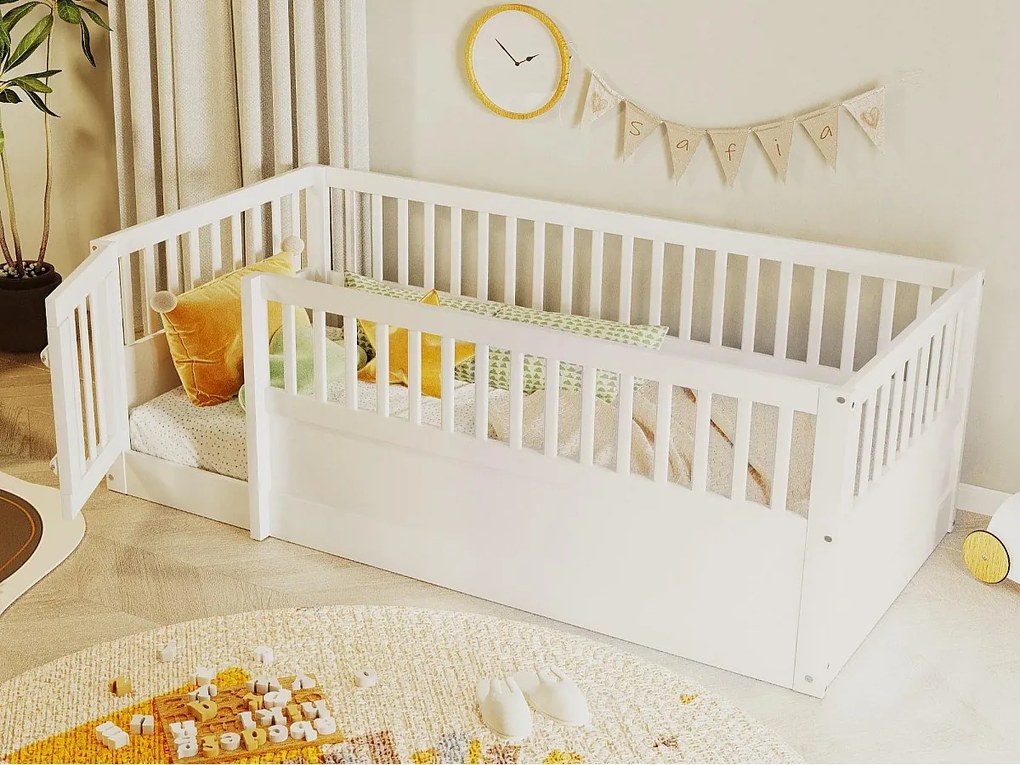 Łóżko dziecięce 90 x 200 cm - rama łóżka drewniana - z barierkami bezpieczeństwa - z drzwiami - biały (stelaż lamelowy nie jest wliczony)