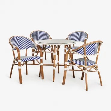 Zestaw Okrągłego Stołu Ø80 Cm I 4 Sztaplowanych Krzeseł Jadalnianych Z Podłokietnikami Z Aluminium Brielle Bistro Niebieski Ken - Gardenia Biel -