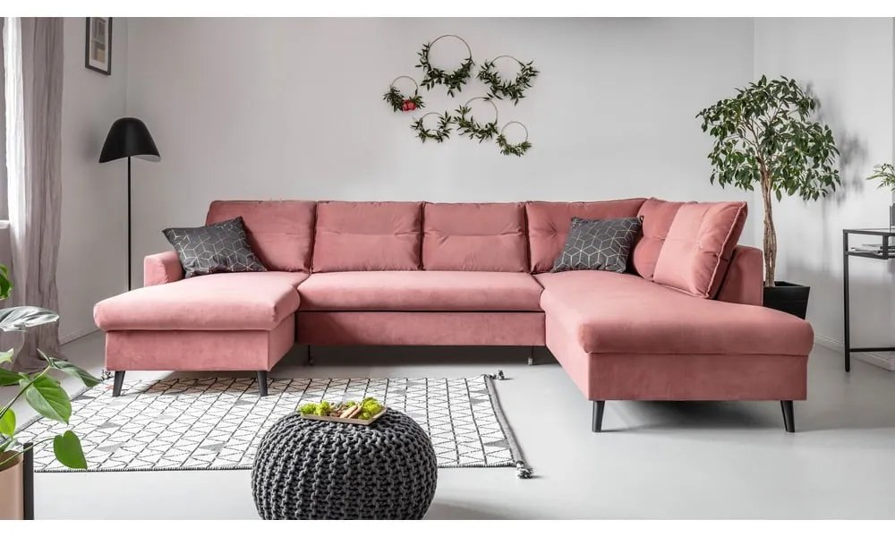 Różowa aksamitna rozkładana sofa w kształcie litery "U" Miuform Stylish Stan, prawostronna