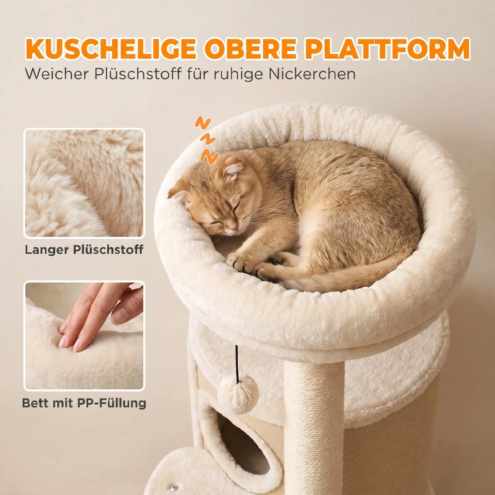 PawHut Drapak z 2-poziomową kryjówką, słupami sizalowymi, platformą, matą sizalową i pomponem, dla kotów do 5 kg | Aosom PL