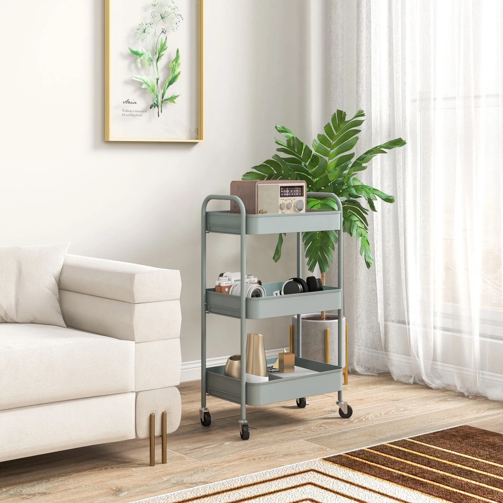 HOMCOM Wielofunkcyjny Wózek Kuchenny, Wózek Pomocniczy, 3 Półki, 4 Kółka, 45 cm x 30,6 cm x 79 cm, Jasnoniebieski