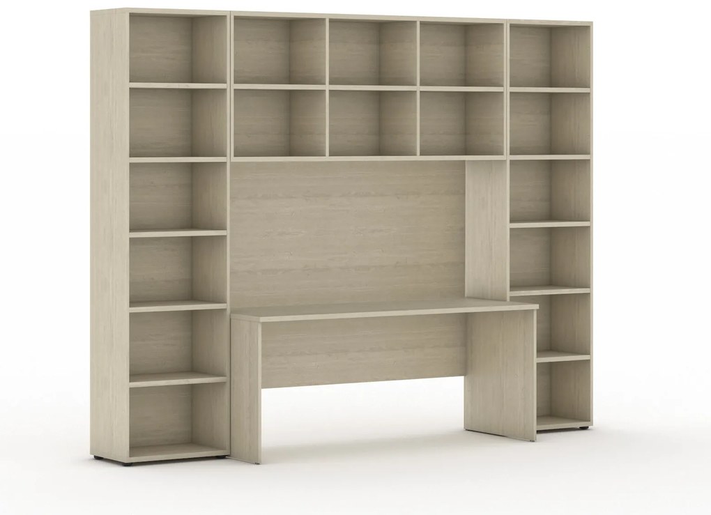 Biblioteka INTEGRO z wbudowanym biurkiem, 2950 x 700/400 x 2300 mm, dąb naturalny