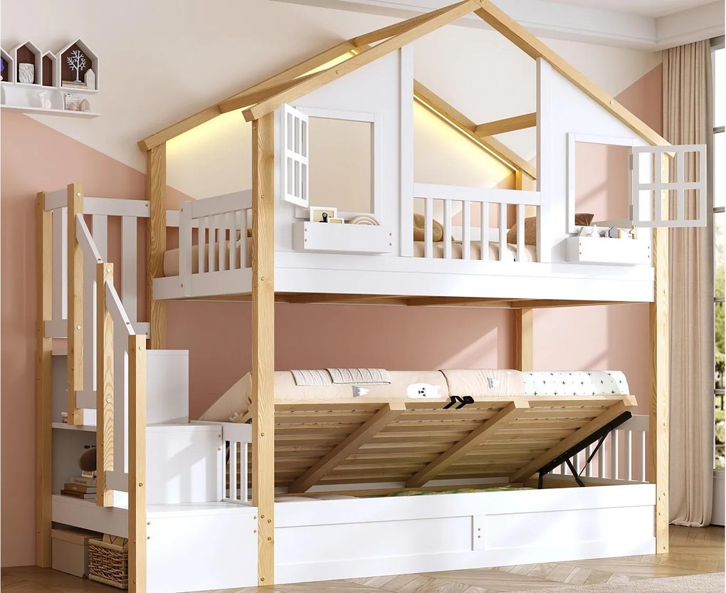 Łóżko piętrowe dziecięce 90x200 - z dolnym łóżkiem ze skrzynią - LED i drabina z pojemnikami - biały i naturalny​ (bez materaca)