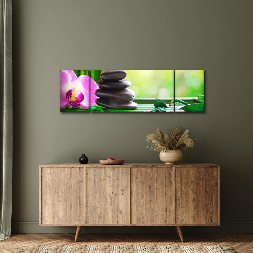 Obraz kamieni do masażu i storczyków na wodzie (170x50 cm)
