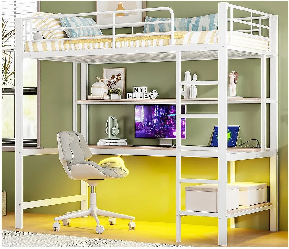 Łóżko mezzanine 90x200 cm - z barierkami - z drabiną - z USB i gniazdkami - z oświetleniem LED - z biurkiem + wielopoziomowymi półkami - białe (bez materaca)