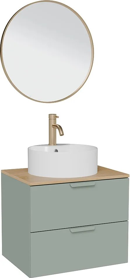 Wisząca szafka łazienkowa z okrągłą umywalką nablatową, baterią i lustrem – Szałwiowa zieleń – S60 cm – AVORELI