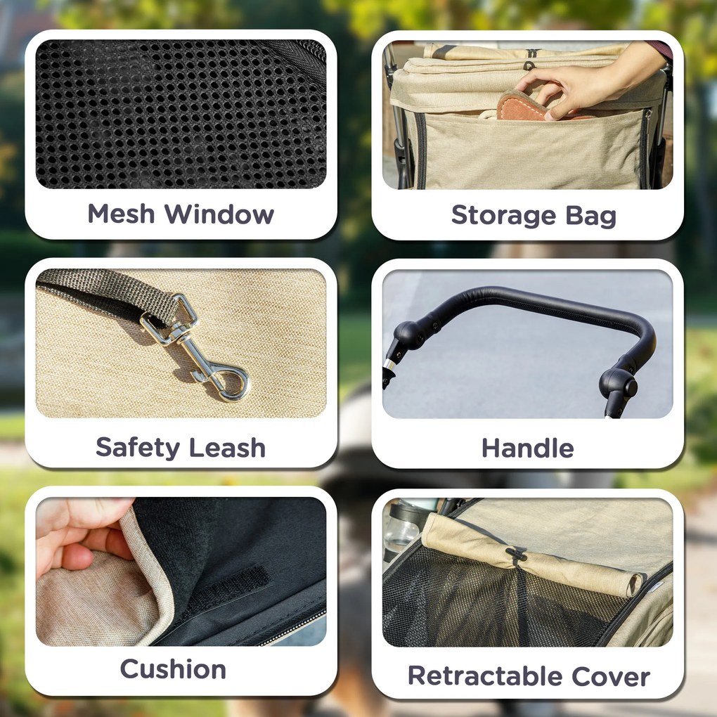 PawHut Wózek dla psów, lekki i składany, z pralną poduszką i oknami z siatek, Khaki