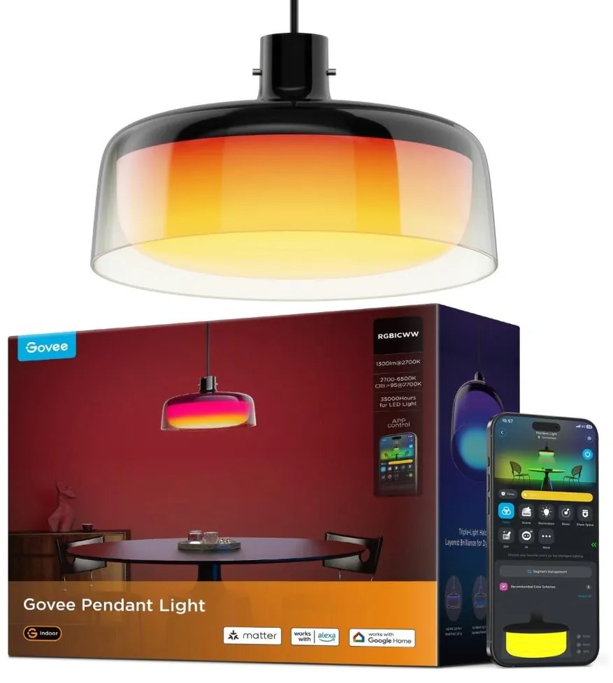 Govee - LED RGBICWW ściemnialna lampa wisząca na przewodzie LED/21W/230V Matter Wi-Fi