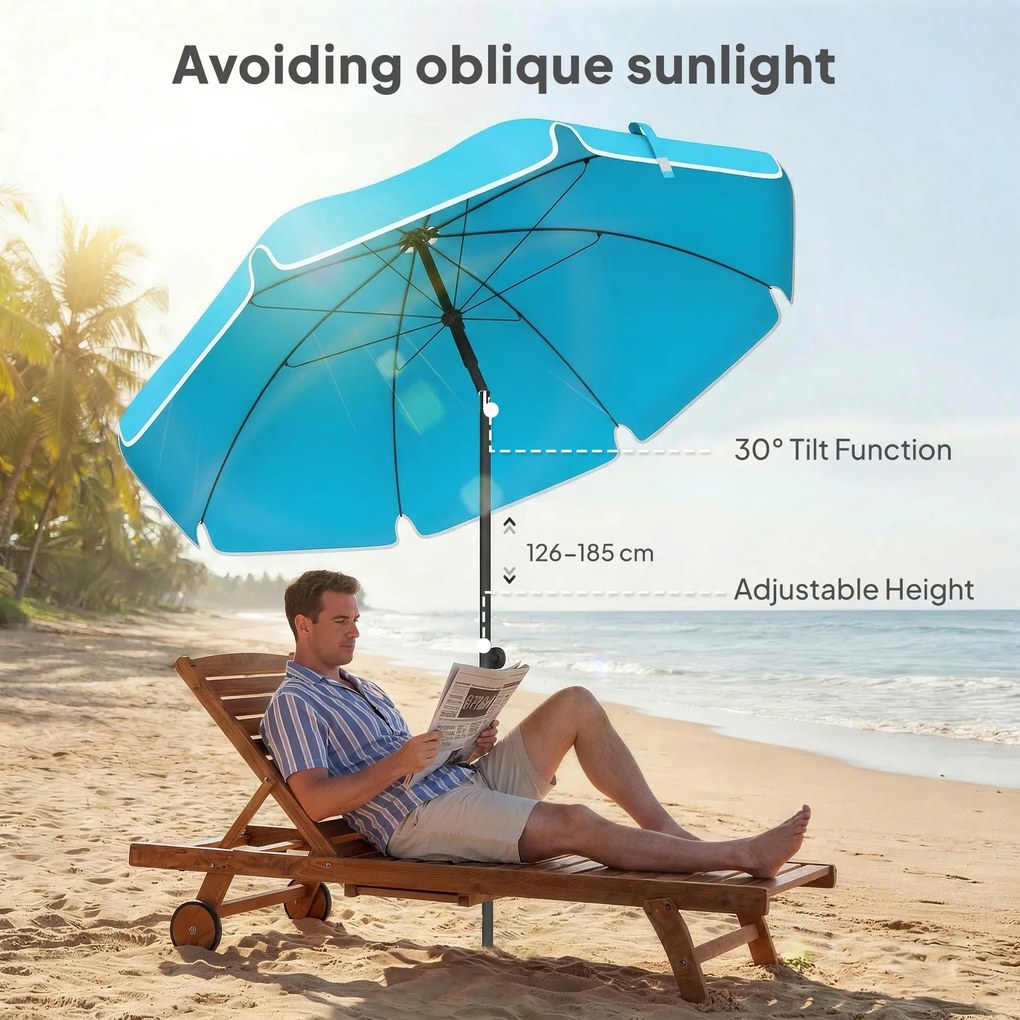Outsunny Parasol plażowy Ø150 cm wodoodporny, składany parasol z kotwicą do piasku, regulowanym nachyleniem i torbą do przenoszenia, niebieski | Aosom PL